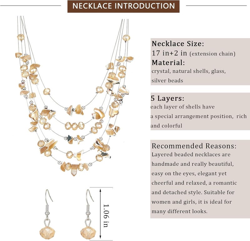 Errally Store Multi-Layer Boho Shell Beaded Necklace for Women Colorful Crystal Strand with Silver Beads Statement Collars Necklace and Earrings Costumes Jewelry Sets for Women - Image 5